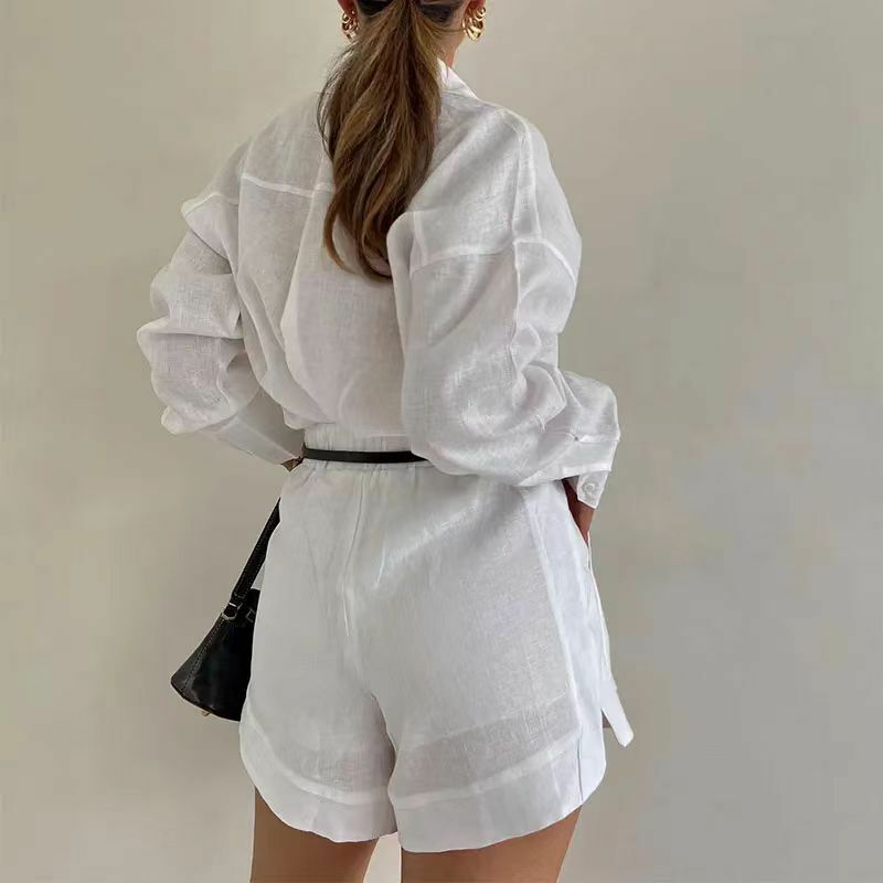 Bolsos de botão feminino, calças curtas, elegante manga comprida de lapela, moda casual, conjunto de 2 peças, 2024