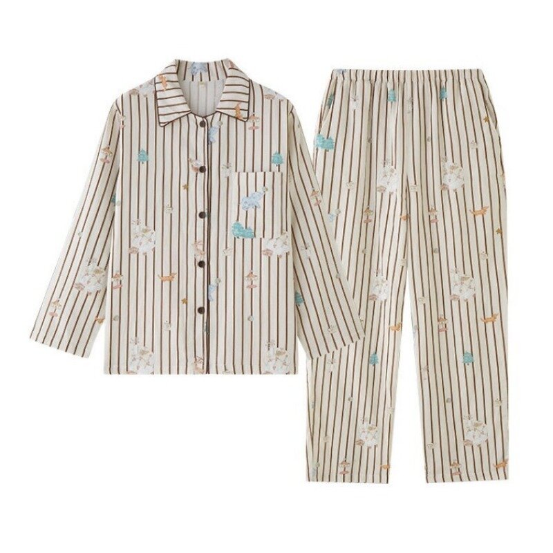 Conjunto de pijama de manga corta con estampado de dibujos animados, ropa de dormir cómoda y suave con bolsillo y solapa de gasa doble, 2024 algodón