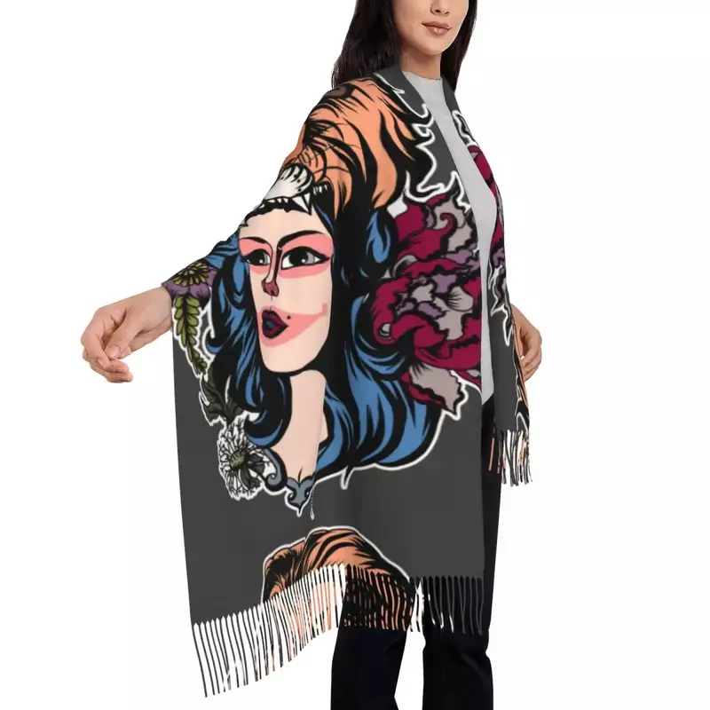 Personalized Printed Beautiful Girl With Lion Head Among Rose Long Pile Fringe Men Scarf Women'S Anti Chill 