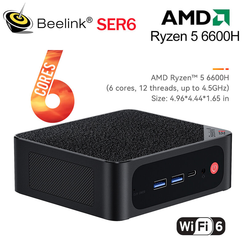 Beelink SER6 6600H Mini PC Windows 11 Pro AMD Ryzen 5 RDNA2 GPU DDR5 16GB SSD 500GB PCIe4.0 Wifi6 4K BT LAN Để Bàn Máy Tính SER