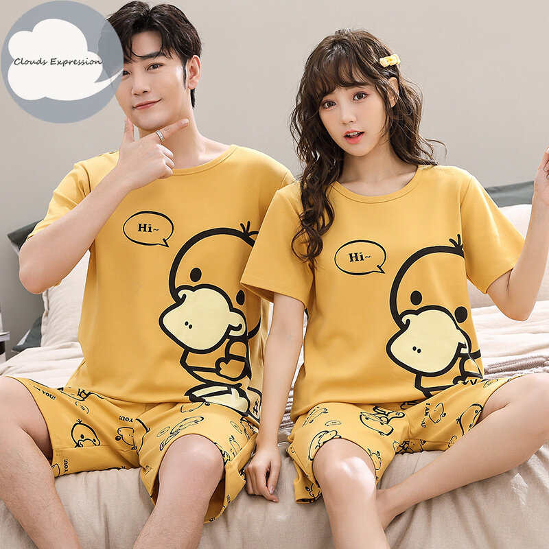 Sommer Gestrickte Baumwolle Cartoon Ente Print Nachtwäsche Pyjama Sets für Paare Kurze Anzüge Junge Liebhaber Pyjamas 4XL Homewear Mode