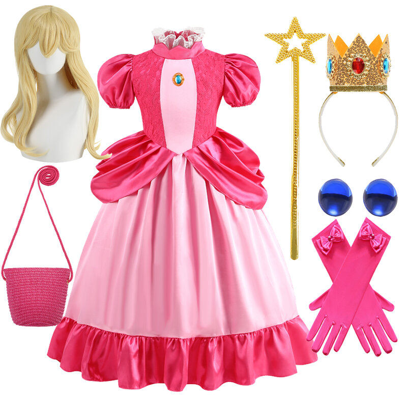 Gaun putri merah muda Persik untuk anak perempuan, kostum Halloween Puff jaring Tulle, pakaian pesta renda kostum Cosplay anak perempuan