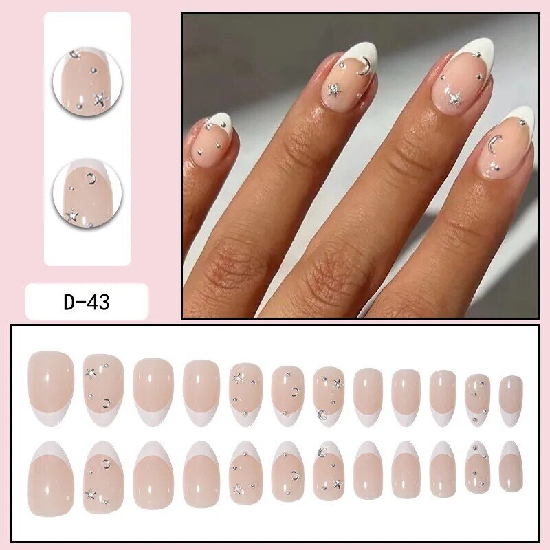 White French Fake Nails Nude Color Press on Nails Star Moon Designed Wearable False Nails Tips for Women Nails Art DIY Manicure