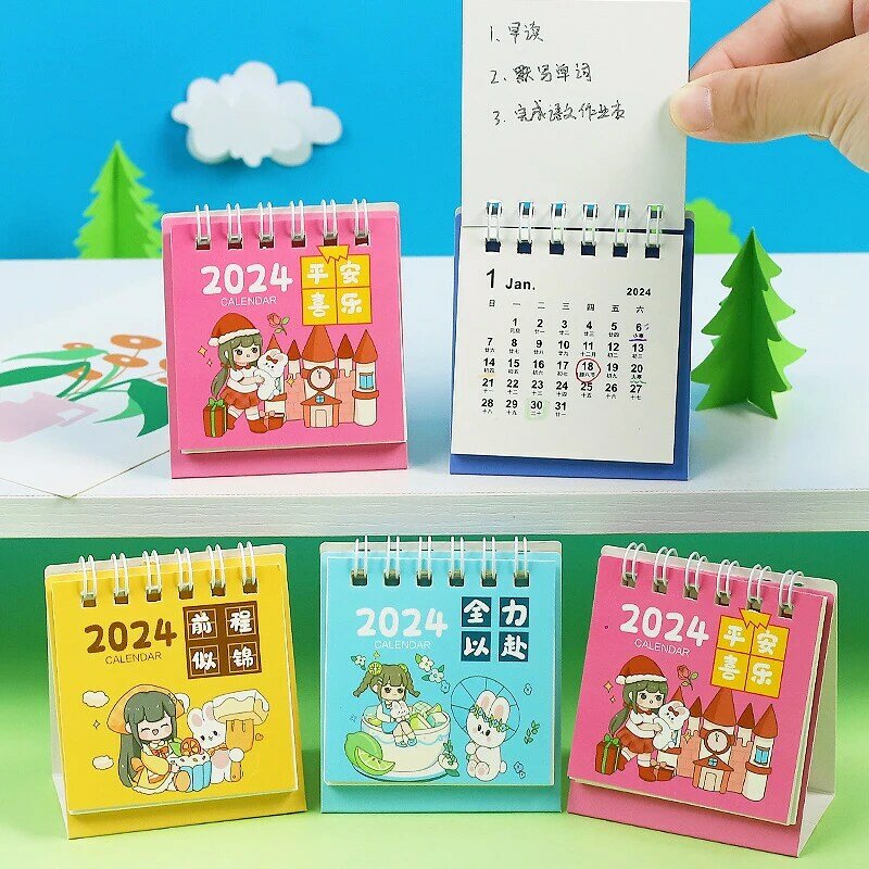 Настольный мини-календарь 2024, милые Мультяшные кролики для девочек, настольные блокноты, календарь в виде катушки, офисные и школьные принадлежности