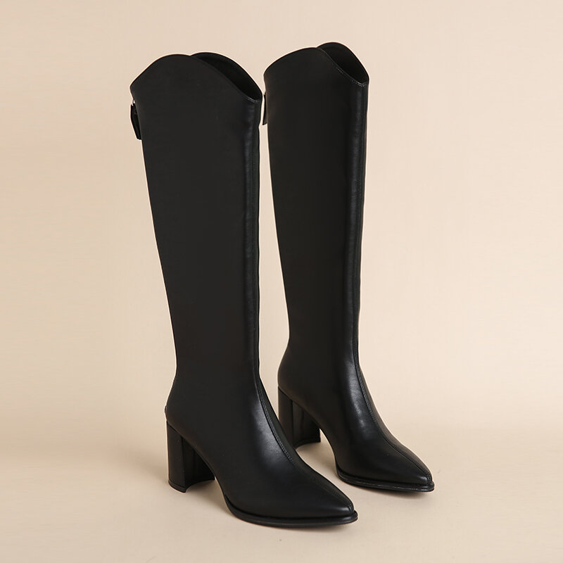 حجم كبير 34-43 جديد النساء الأحذية سستة سميكة عالية الكعب بسيطة سميكة عالية الكعب الخريف الشتاء الأحذية الركبة عالية بوتاس