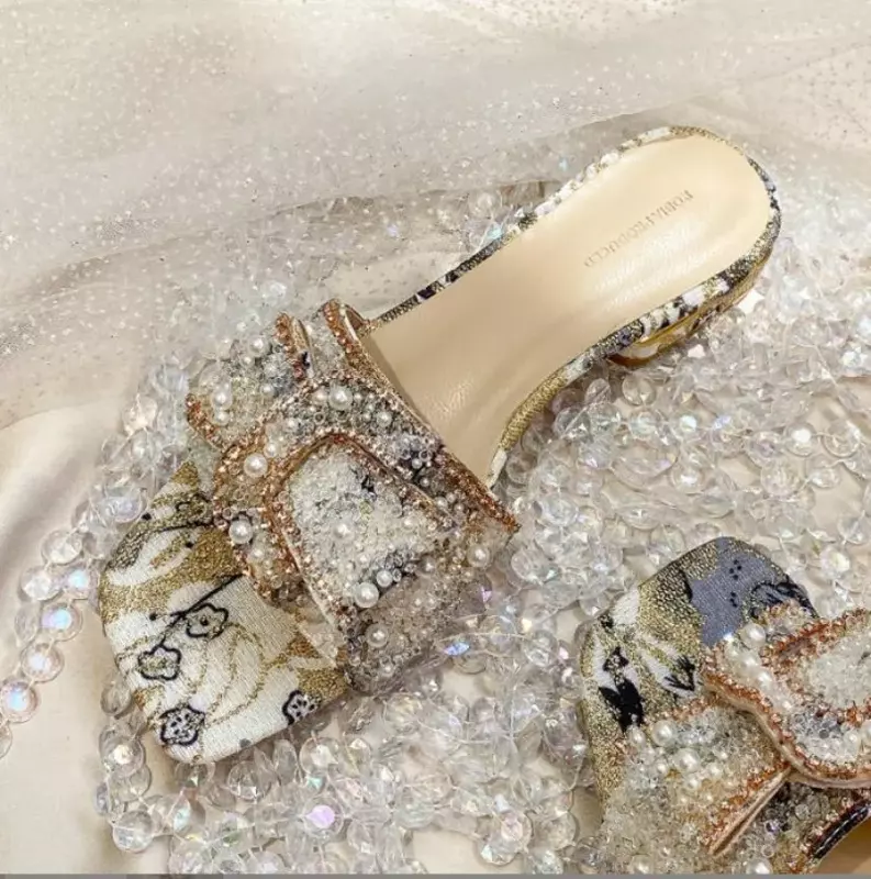 2024 baru Chunky Heel Fashion Flat wanita berlian imitasi sandal sepatu wanita nyaman musim panas Peep Toe sepatu wanita Zapatos Mujer
