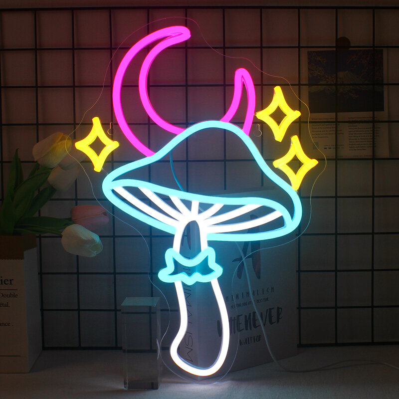 Star Moon Mushroom Neon Sign USB Dimmable Led Sign Neon for Bedroom Living Room Kids Room Game Room Home Bar Party Neon Decor