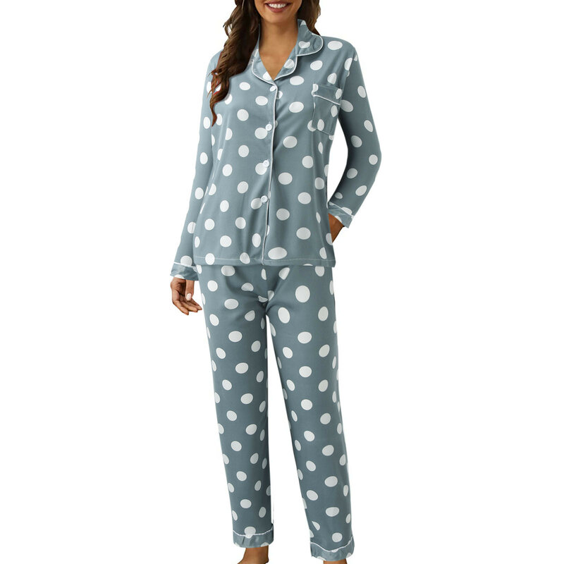 Conjunto de pijama para mulheres, roupas noturnas, cardigã de manga longa, gola baixa, moda estampada, roupas domésticas, verão