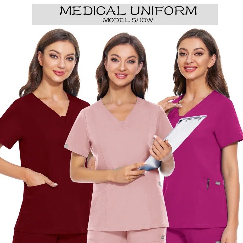 Frauen Medica Peelings Tops Krankens ch wester Pflege Uniform Kurzarm V-Ausschnitt Beauty Bluse Peeling Shirt mit Tasche Arbeit tragen Labor jacke