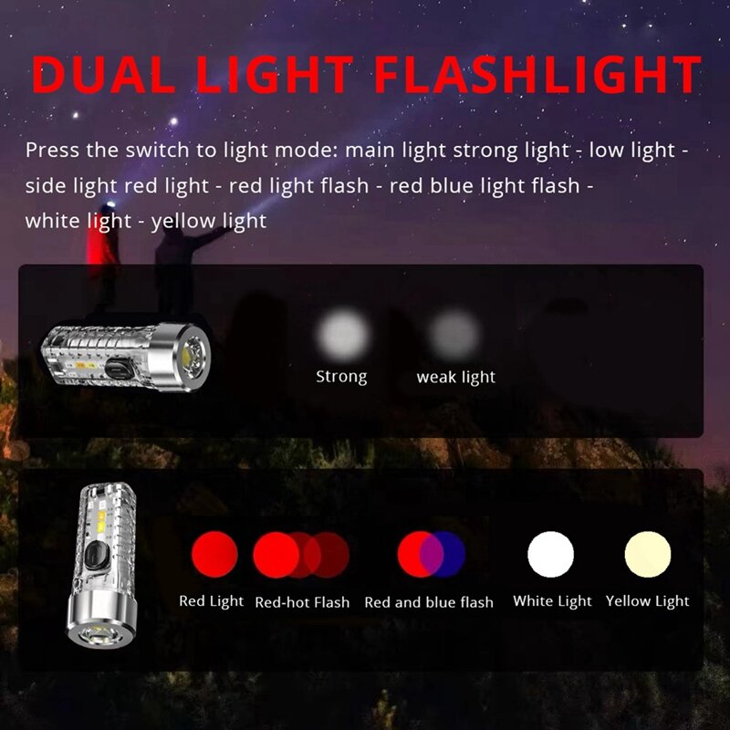 Chaveiro lanterna recarregável, Mini luminoso, Multi-Function, vermelho e azul piscando, casa ao ar livre