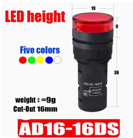 Luz indicadora de potencia Led para montaje en Panel, 1 piezas, 16mm, azul, verde, rojo, blanco, amarillo, lámpara piloto, CA, CC, AD16-16C, 48V