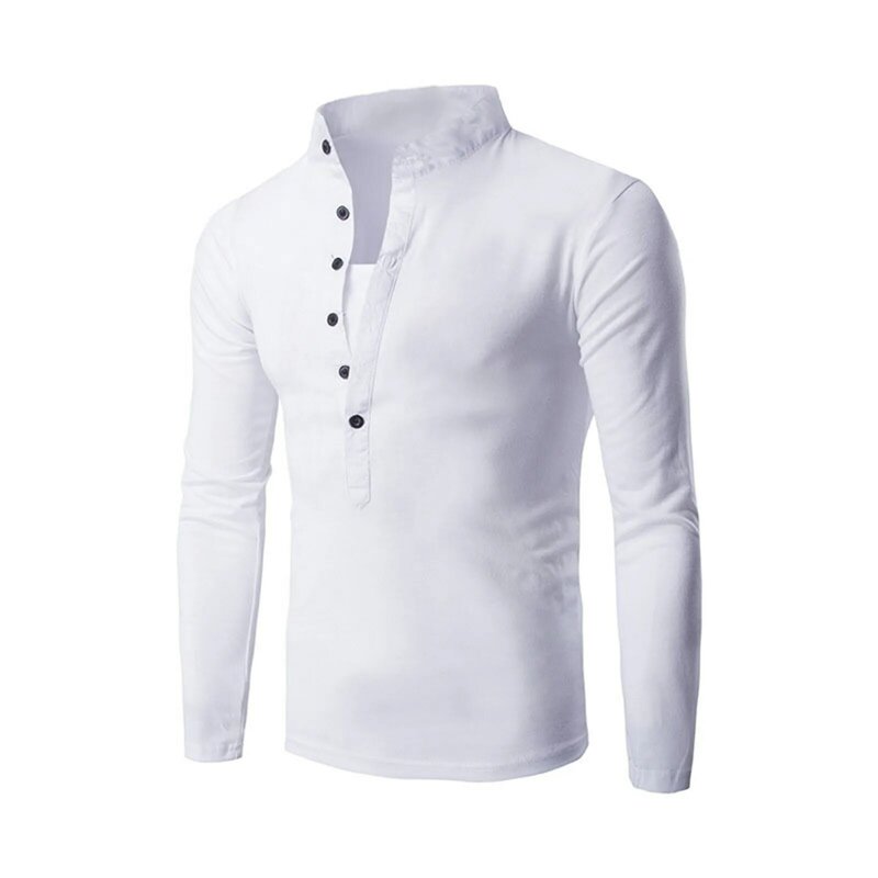 Camiseta de manga comprida fina cor sólida masculina, T de botão, Stand Up Top, moda casual