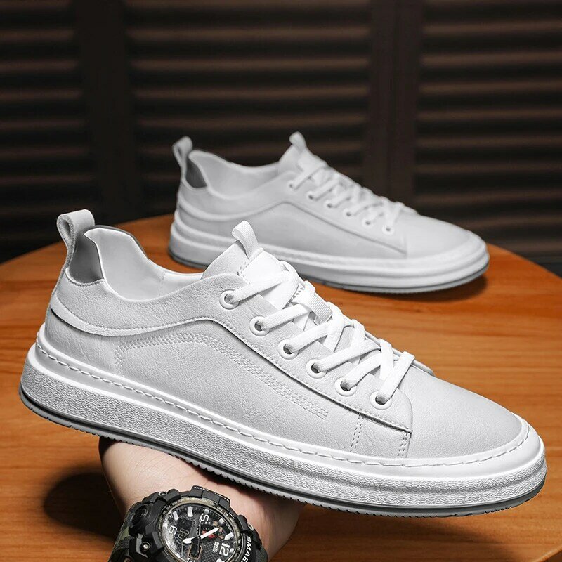 genuine Leather Men's Sneakers Fashion Man Flat Shoes outdoor Shoes Lace-Up High Quality Men white Sneakers for Men flats