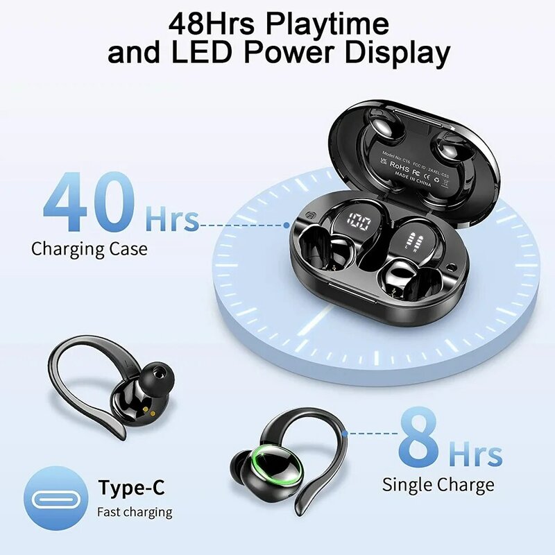 TWS Bluetooth 5.3 prowadnice słuchawek dousznych słuchawki sportowe Led słuchawki bezprzewodowe słuchawki douszne redukcja szumów mikrofon 48H HiFi muzyka czas