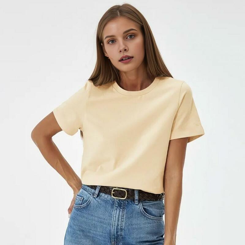 Kaus wanita elastis Atasan wanita modis Kaos Oblong pas longgar kaos oblong warna Solid Pullover atasan untuk Streetwear musim panas