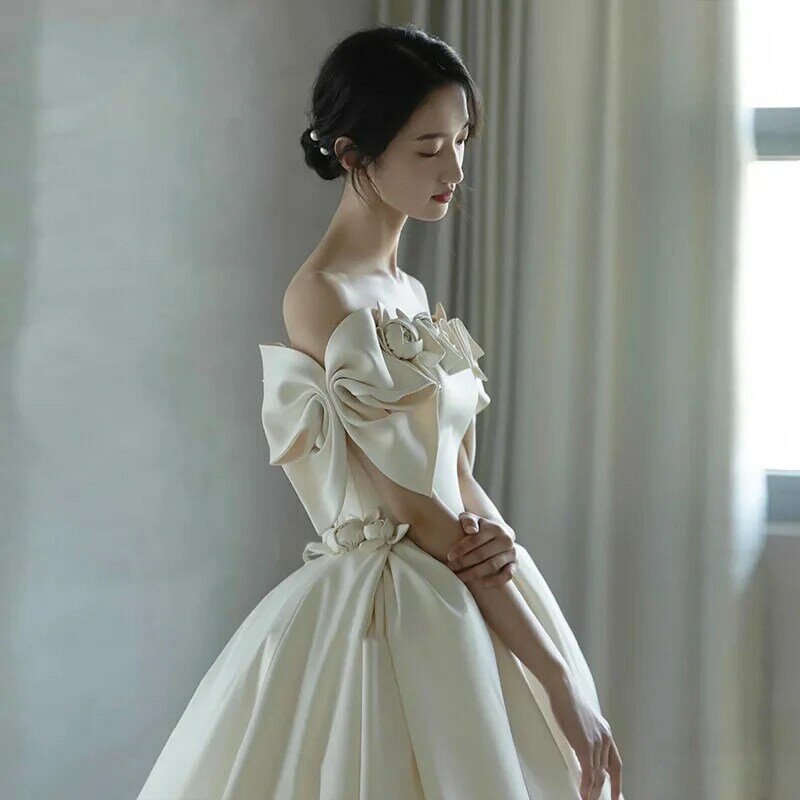 Gorgeous Sweetheart Satin Bow sleeves Wedding Dresses Luxury Floral A-Line Wedding Gowns Princess Party Gowns Formal Dress