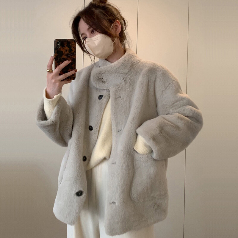여성용 친환경 모피 재킷, 짧은 모피, 일체형 기질, 루즈하고 두껍고 푹신한 탑, 2023 겨울 신상