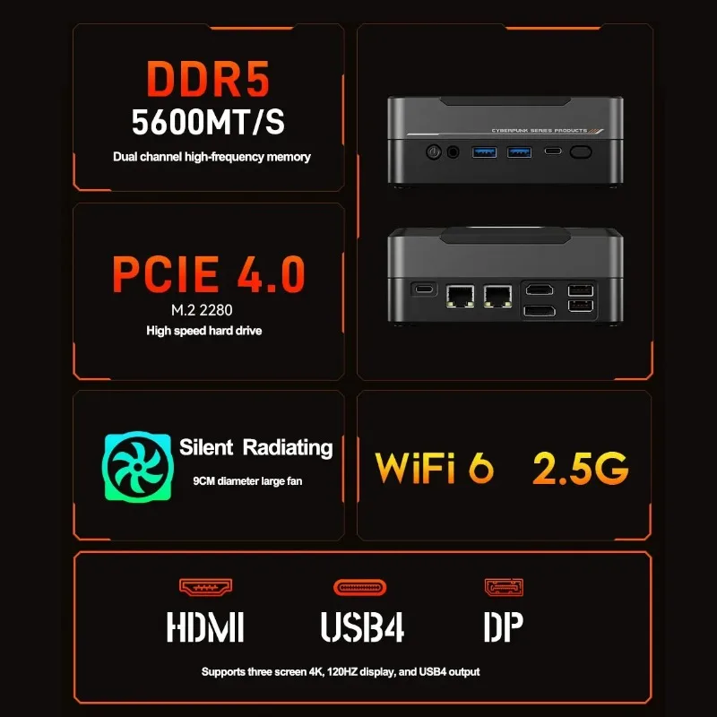 Mini PC AMD Ryzen 7 7840HS Up to 5.1GHz 8 Cores 16 Threads Win 11 DDR5 5600M NVME SSD PCIE 4.0 WIFI6 BT5.2