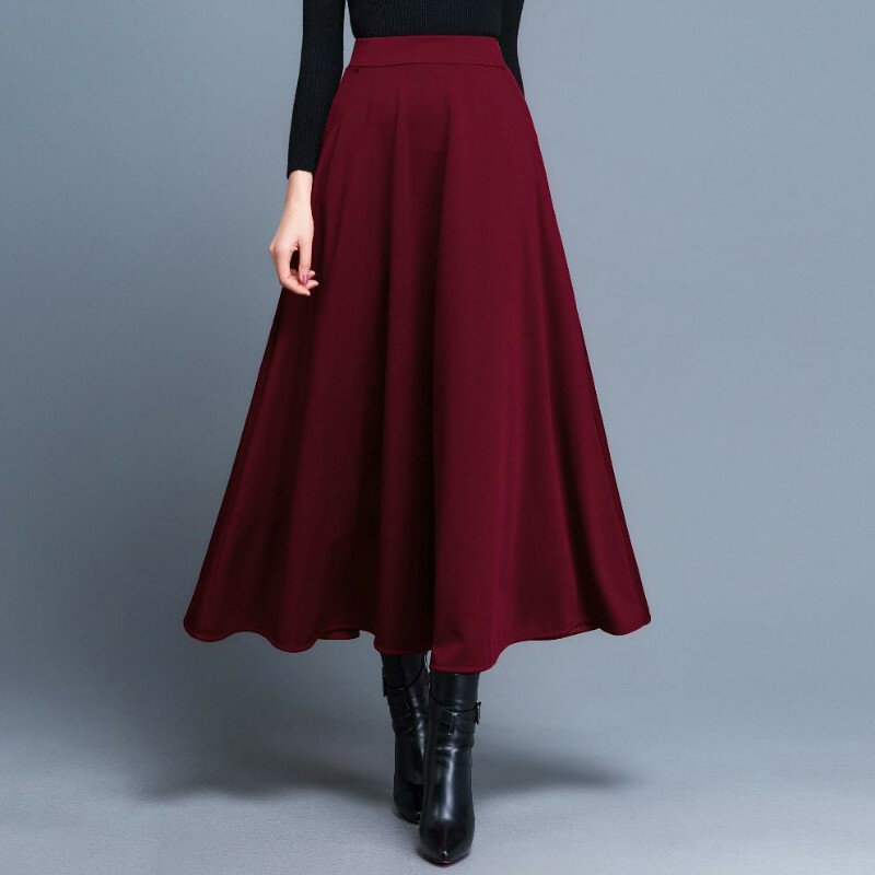 Pakaian wanita pinggang tinggi, gaun A-line pinggang tinggi bahan wol serbaguna musim gugur untuk hadiah ulang tahun