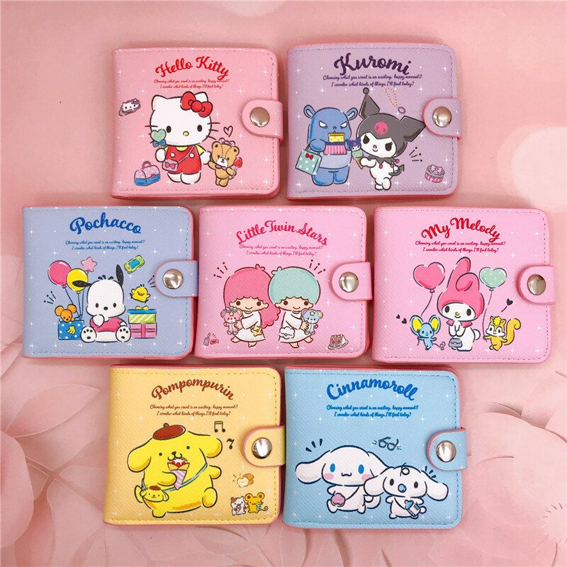 Kawaii Hello Kitty Cinnamoroll My Melody Kuromi Sanrio baru Pu kasual tas uang dompet koin tempat kartu dompet dengan tombol
