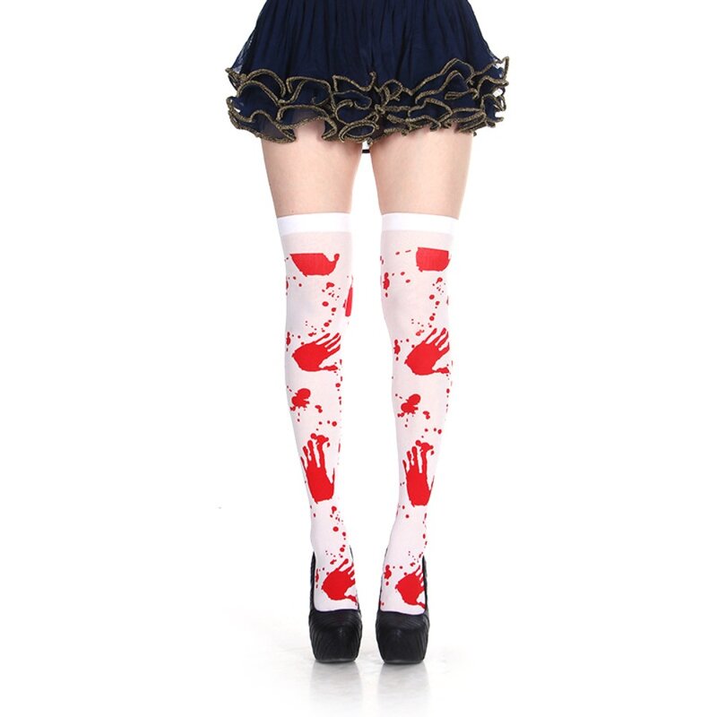 Calcetines largos de algodón por encima de la rodilla, medias ultrafinas teñidas de sangre, Cosplay de Halloween, 1 par
