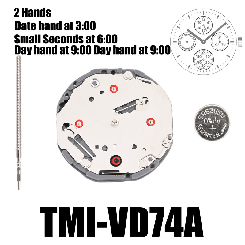 Pergerakan VD74 gerakan Tmi VD74 2 tangan gerakan Multi mata (hari, tanggal, 24 jam, Detik Kecil) Ukuran: 10 ½height Tinggi: 3.45mm