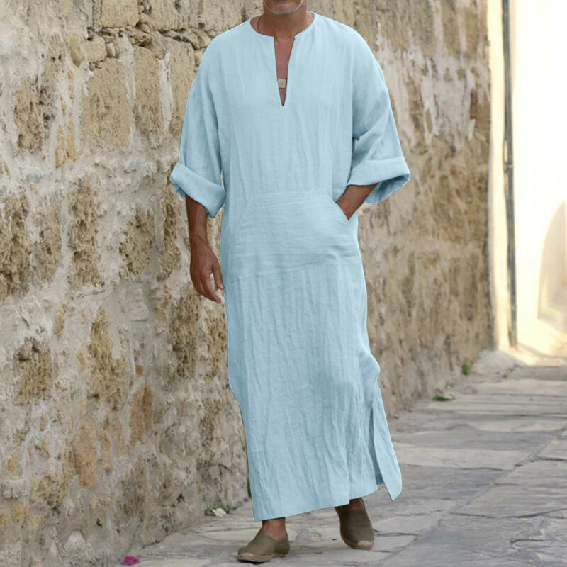 Jubba Thobe Kaftan musulmán árabe islámico con cuello en V de manga corta para hombre, batas de lino de algodón de Color sólido, moda musulmana de Arabia, Abaya