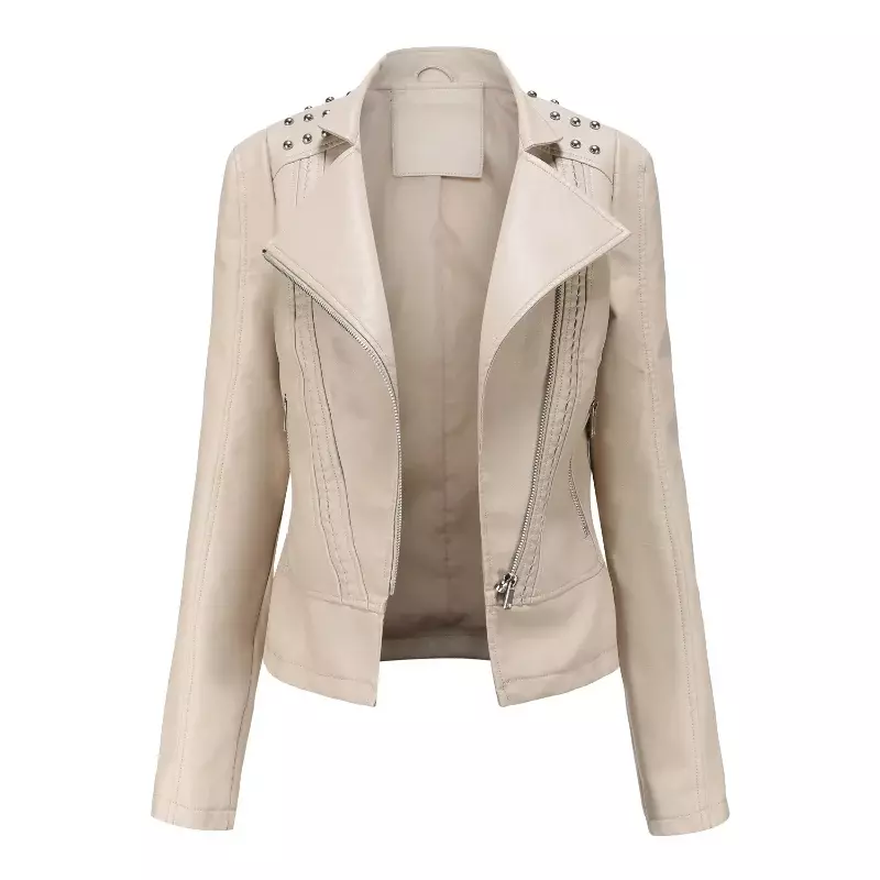 BTQWFD Female Clothing PU Leather Motorcycle Rivet Jackets Autumn Winter Coats Women Outwear Long Sleeve Fashion 2023 New Tops