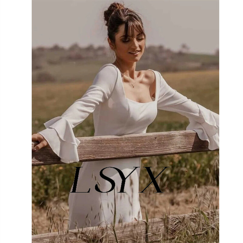 LSYX-vestido de novia de gasa con cuello cuadrado, traje de novia con corte en A, mangas largas abullonadas, espalda abierta, abertura lateral alta, hecho a medida