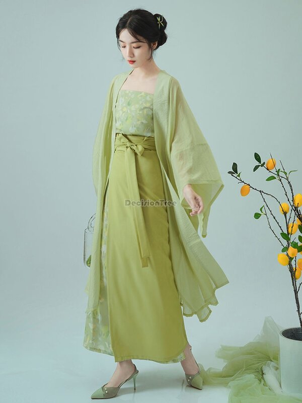 2024 hanfu kobiece chińskie pieśni dynastii drukowana, koronkowa hanfu codziennie ulepszane elegancka wiosenna lato retro trzyczęściowy zestaw hanfu w381
