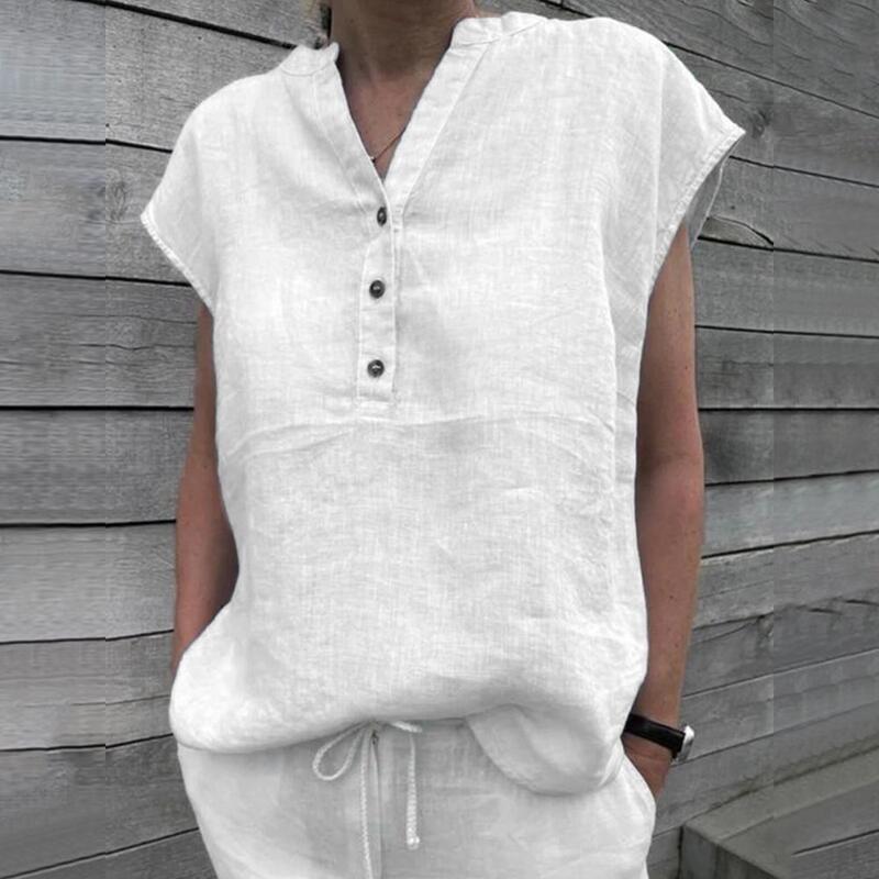 2024 nuove donne scollo a V manica corta camicetta semplice t-shirt estate tinta unita Casual estate top lavoro sciolto Blusas Femme Chemise