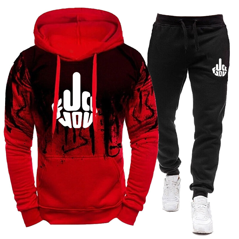 New men's splashed ink printed sportswear pullover hoodie and jogging pants set fashion two-piece set