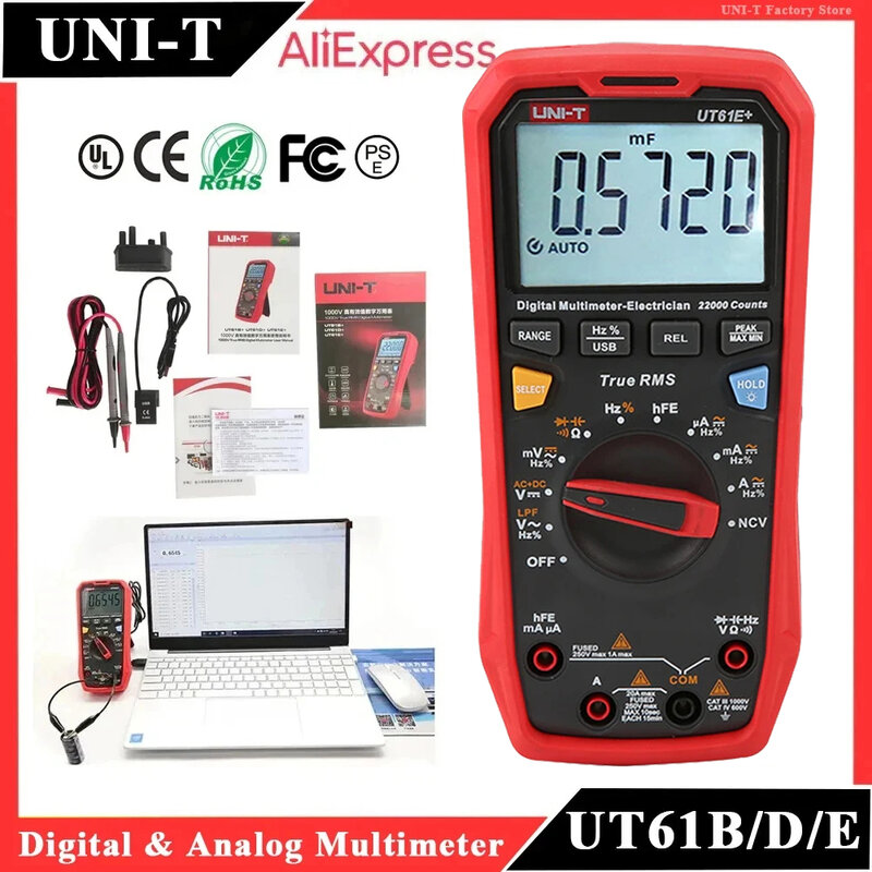 Multímetro Digital analógico, probador eléctrico profesional, amperímetro, voltímetro, UNI-T, UT61B, UT61D, UT61E Plus, 22000 recuentos