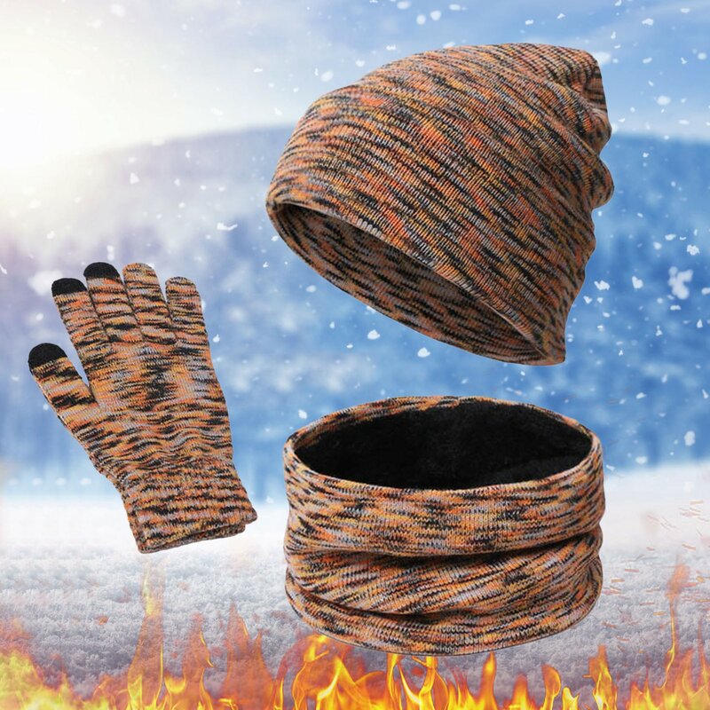 3pcs Winter Warm Cute Wool Hat Scarf Gloves Slouchy Women&Men Three Pieces Winter Snow Knit Cap Screen Mittens Scarves Sets