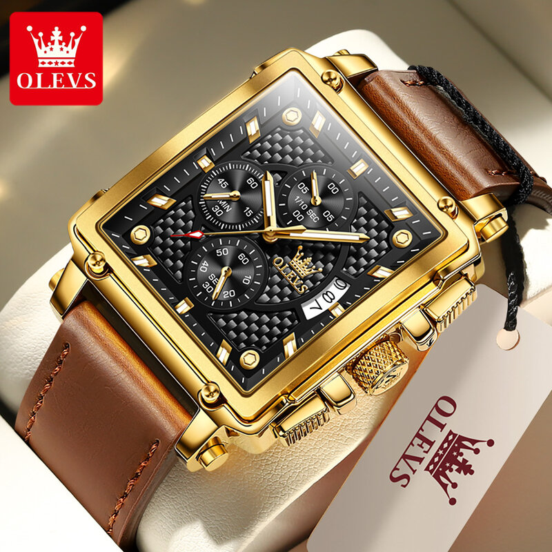 OLEVS Mens Watches Top Brand Luxury Waterproof Square Quartz Wristwatches for Men Date Sports Leather Clock Male Montre Homme