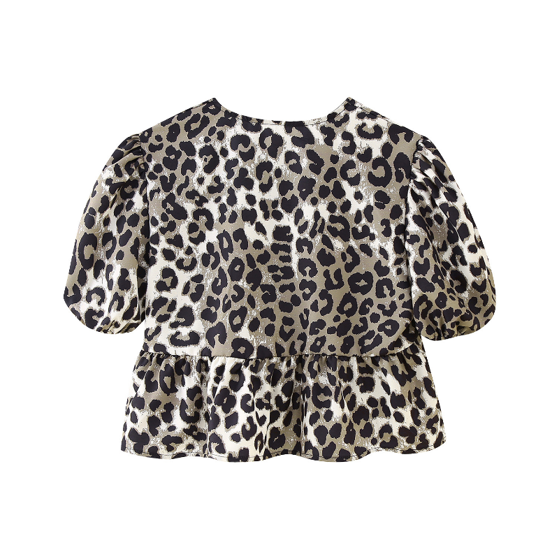 Camisas de cuello redondo con lazo de leopardo para mujer, Tops de manga corta ahuecados, moda de verano, Top de calle que combina con todo, 2024