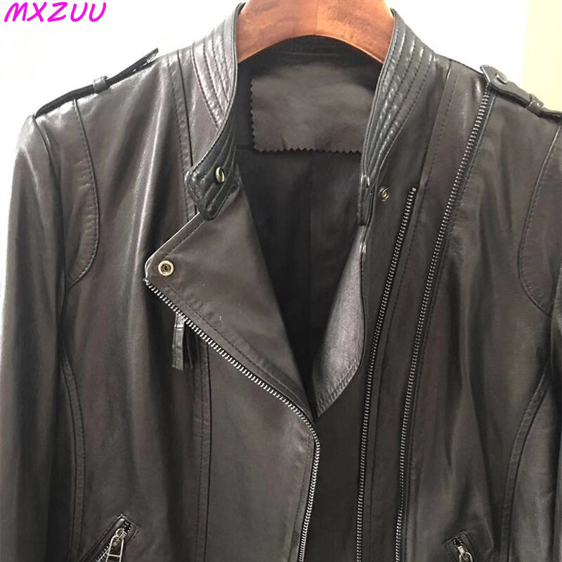 Casaco de couro feminino curto all-match europeu moda motociclista genuína pele de carneiro preto jaquetas com zíper bolso