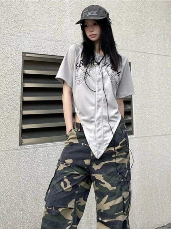 Deeptown Y2K Vintage Blouse Women Harajuku Kpop Oversized Crop Tops Grunge Skull Irregular Short Sleeve Shirts Gothic Streetwear