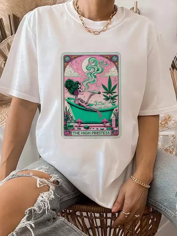 The High Priestess Street Print Trendy Watercolor Women's Printed Short Sleeve Style O-Neck Tarot Brand Style Basic Top T-Shirt