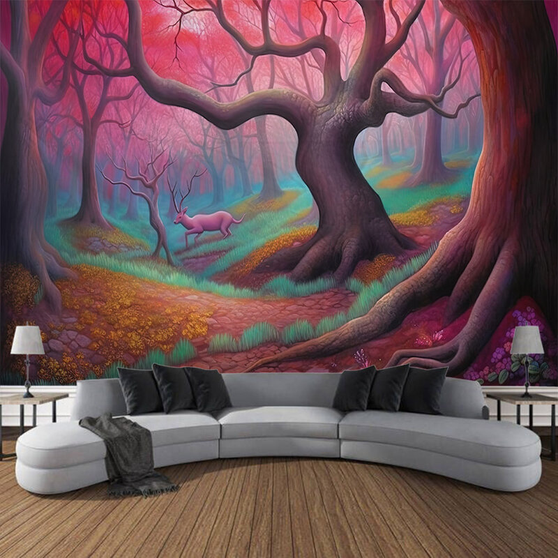 Таинственный лес гобелен, психоделический пейзаж, украшение для дома, хиппи мультфильм комната, искусство, подвесная ткань