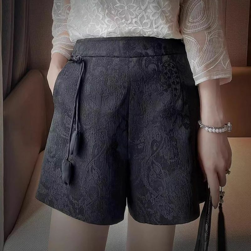 Shorts Jacquard de cintura alta com renda feminina, shorts soltos, moda casual, arte retrô, estilo chinês, versátil, verão, novo, 2024
