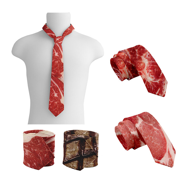 Cravate de conception de style de viande unisexe pour hommes, impression de nourriture chaude, fête de mariage amusante, accessoires de chemise d'Halloween, mode