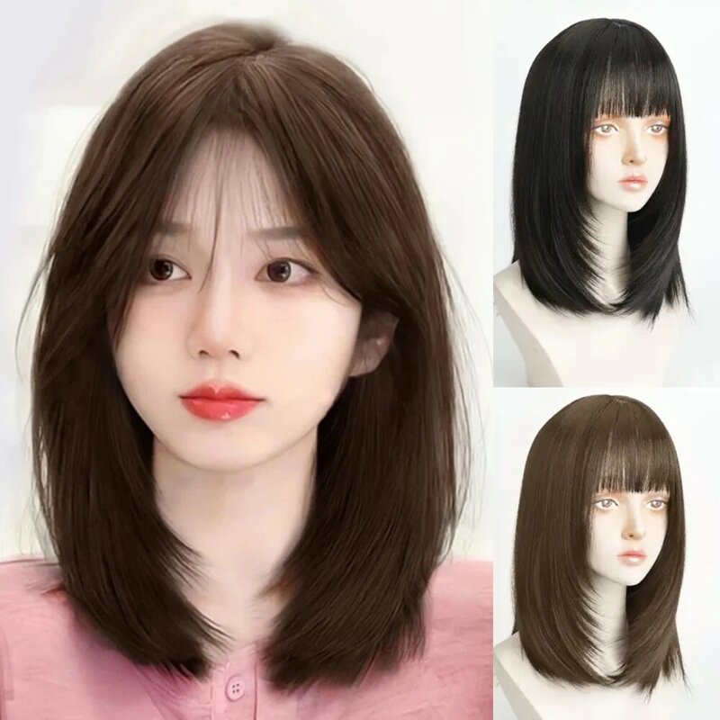 ALXNAN Short Straight Synthetic Wigs for Women Natural Black Bob Wigs with Bangs Daily Cosplay Party Heat Resistant Fake Hair