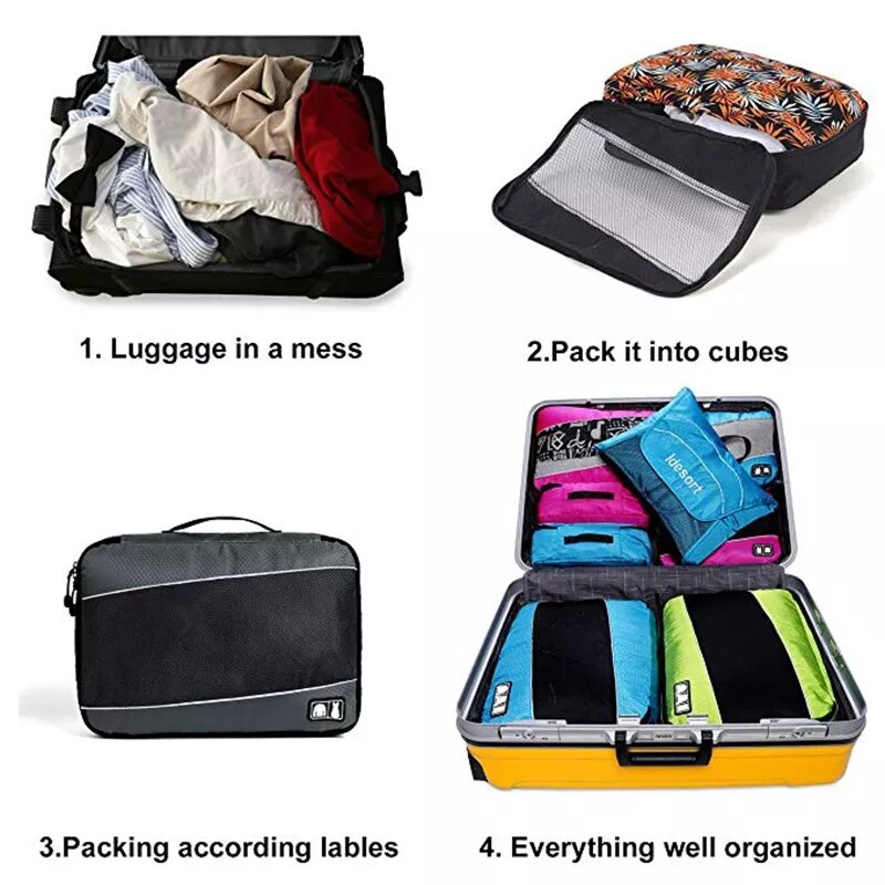 4 buah Set tas penyimpanan perjalanan Set pakaian tas penyimpanan penyortir mode kubus jala nilon kemasan tas Tote pria wanita tas koper