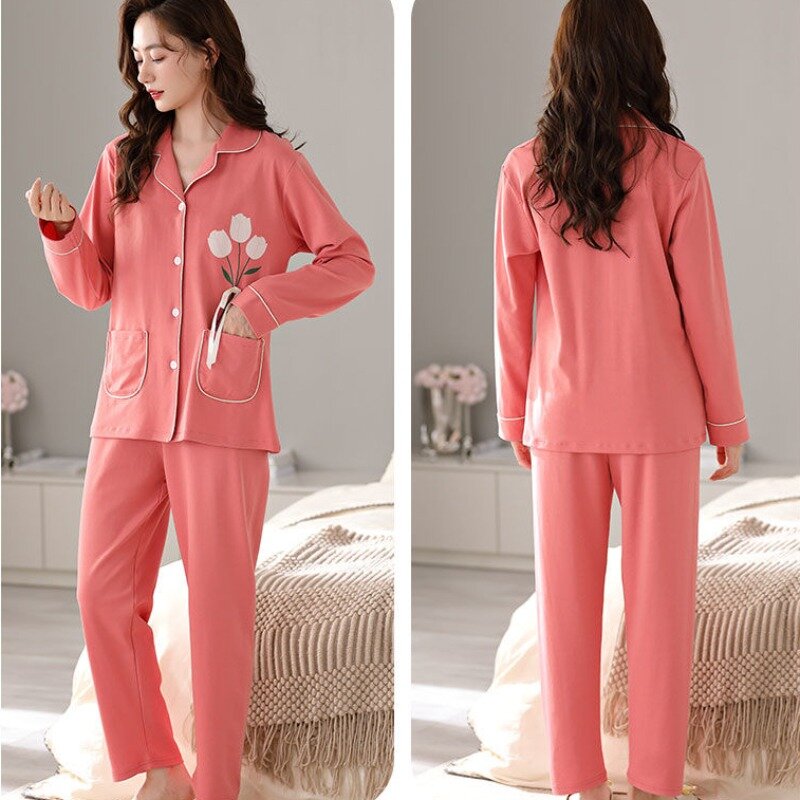 2024 Nieuwe Puur Katoenen Pyjama Dames Lente Herfst Nachtkleding Lange Mouwen Loungewear Cardigan Eenvoudige Vrijetijdskleding V-Hals Losse Homewear