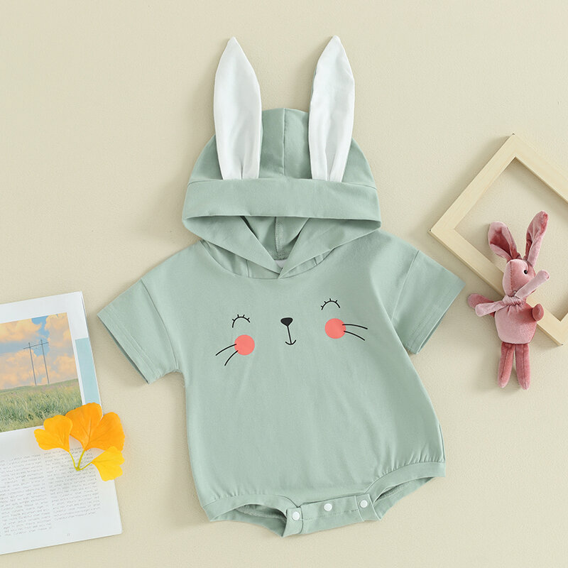 رومبير أرنب عيد الفصح بأذني أرنب ، ملابس طفلة وصبي ، بدلة جسم لحديثي الولادة ، زي بأكمام قصيرة