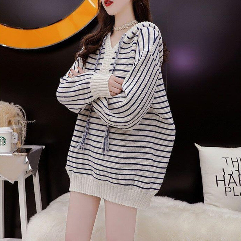 #3846 Striped Hooded Sweater Women Loose Korean Style Knitted Vintage Women Sweaters And Pullovers Batwing Sleeve Autumn Winter