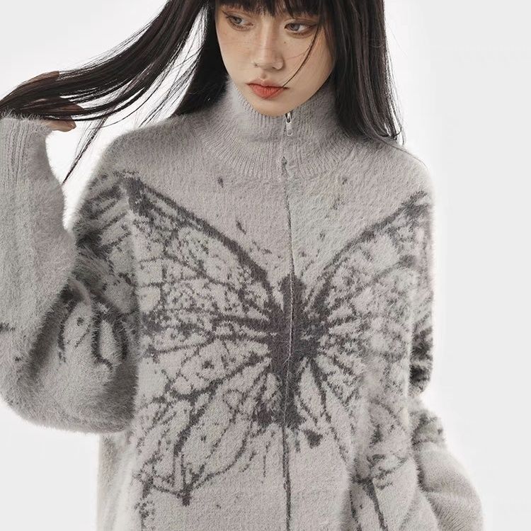 Nowy amerykański Retro sweter dziergany sweter z motylem i zamkiem błyskawicznym marka modna leniwy luźny sweter płaszcz dla par mujer