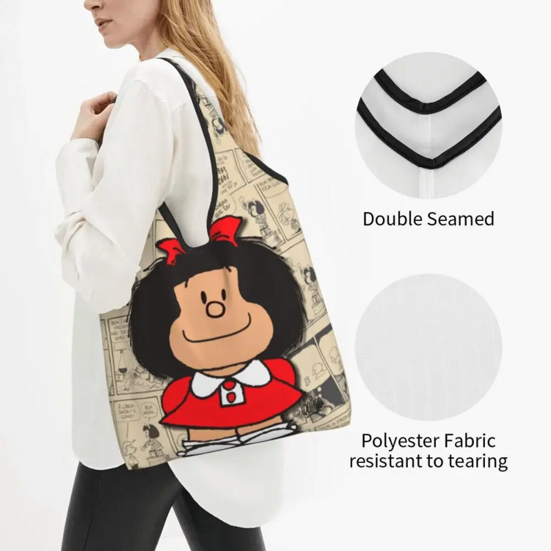 Mafalda Manga Vintage Mercearia Sacos De Compras, Kawaii Shopper Tote, Sacos De Ombro, Grande Capacidade, Portátil, Quino Comic, Bolsa Dos Desenhos Animados