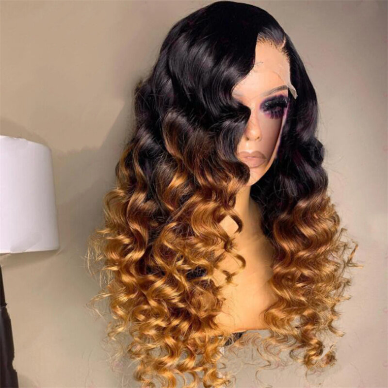 Long Ombre loira profunda encaracolada peruca dianteira do laço para mulheres, cabelo pré-arrancado do bebê, sem cola, macio, resistente ao calor, 26 ", 180 densidade